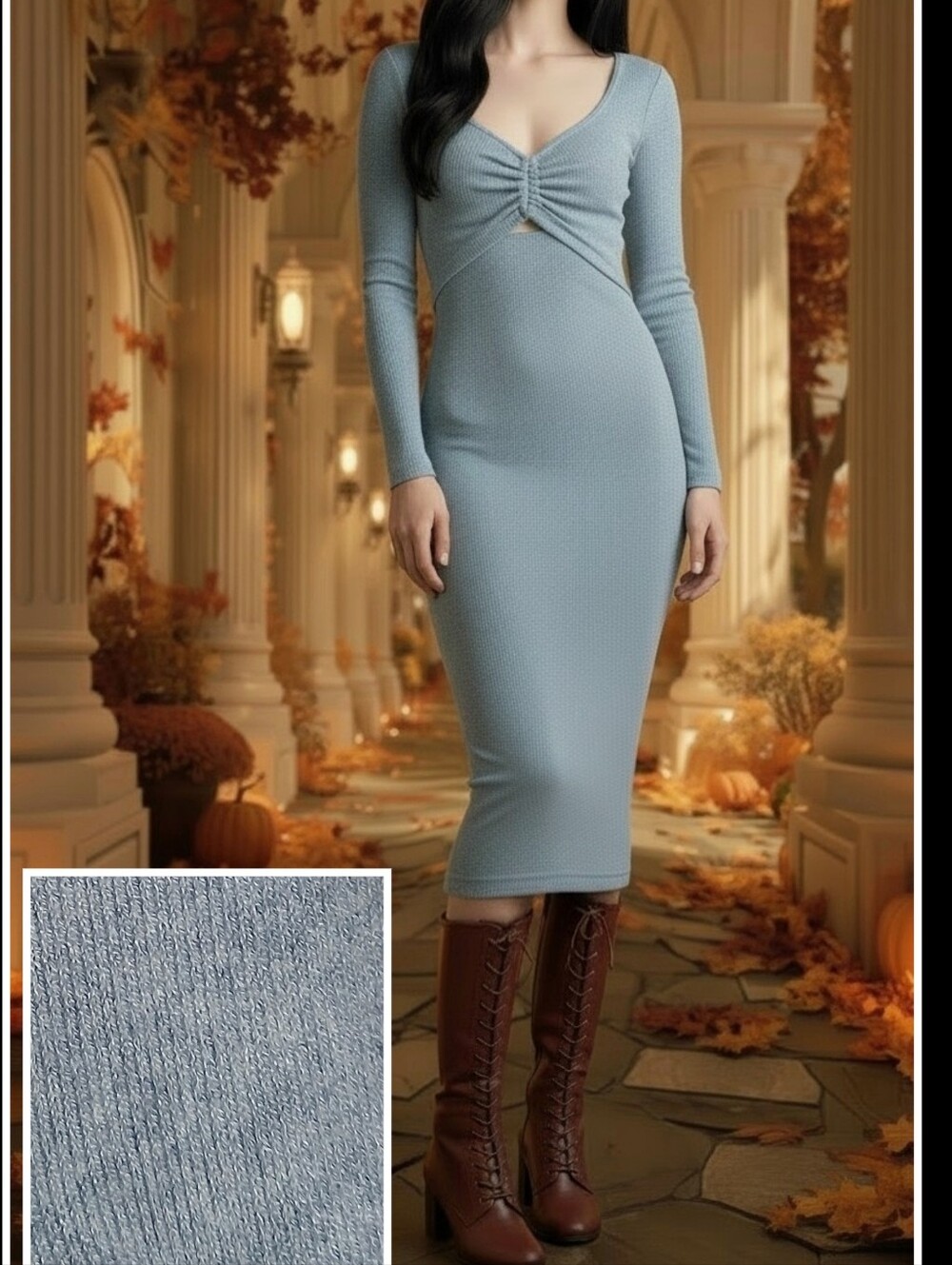 Vintage Y2K Ruche Front Long Sleeve Midi Dress Periwinkle Made in Canada 🇨🇦